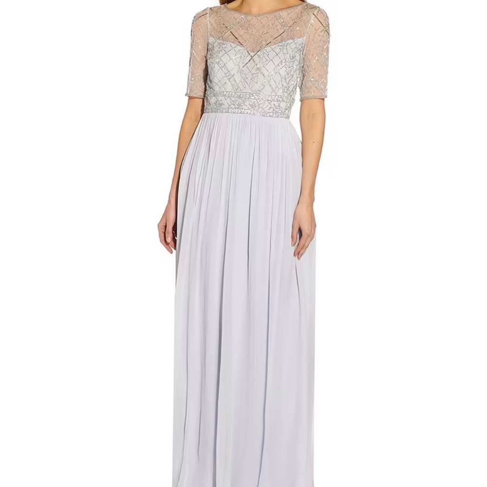 Adriana Papell beaded mesh bodice illusion round neck chiffon a line gown